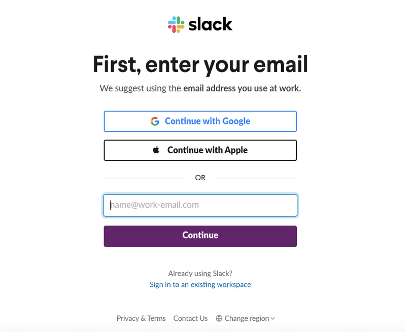 Screenshot of Slack signup page.