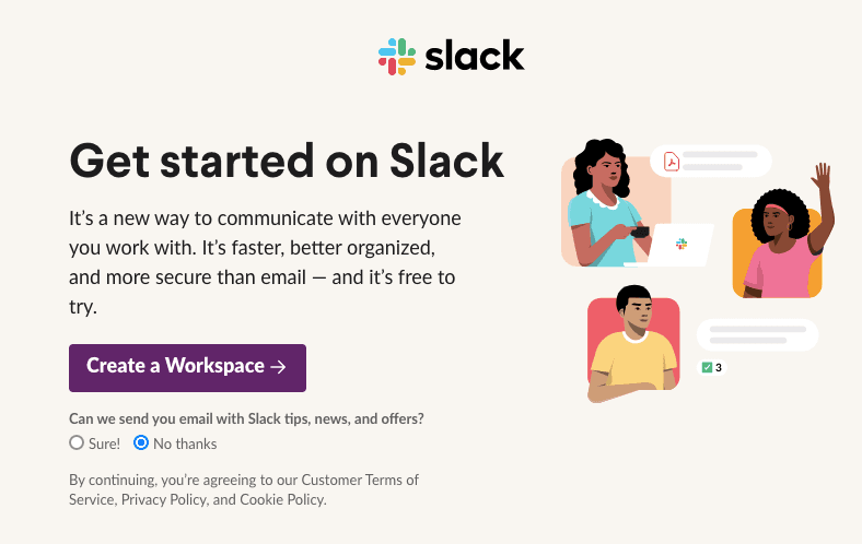 Screenshot of Slack signup page welcome message.
