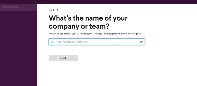 Screenshot of Slack onboarding flow (company name)