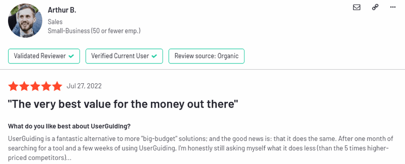 Screenshot of positive UserGuiding review