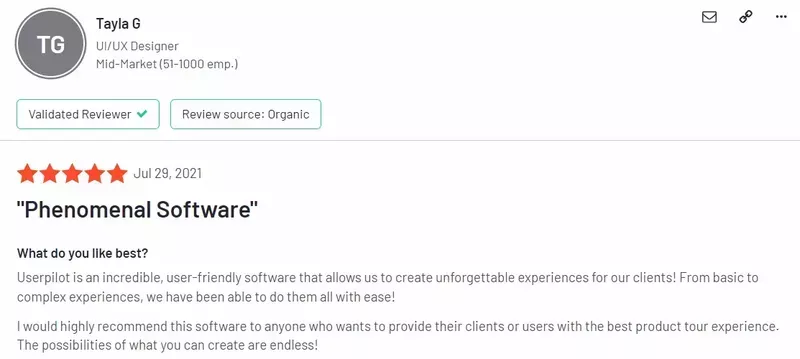 Screenshot of Userpilot positive review