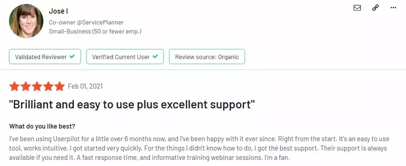 Screenshot of Userpilot positive review