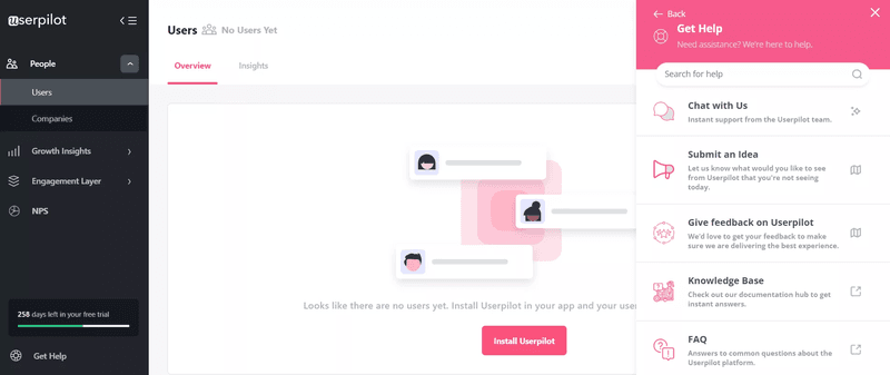 Userpilot embeds a widget into its resource center to encourage passive feedback