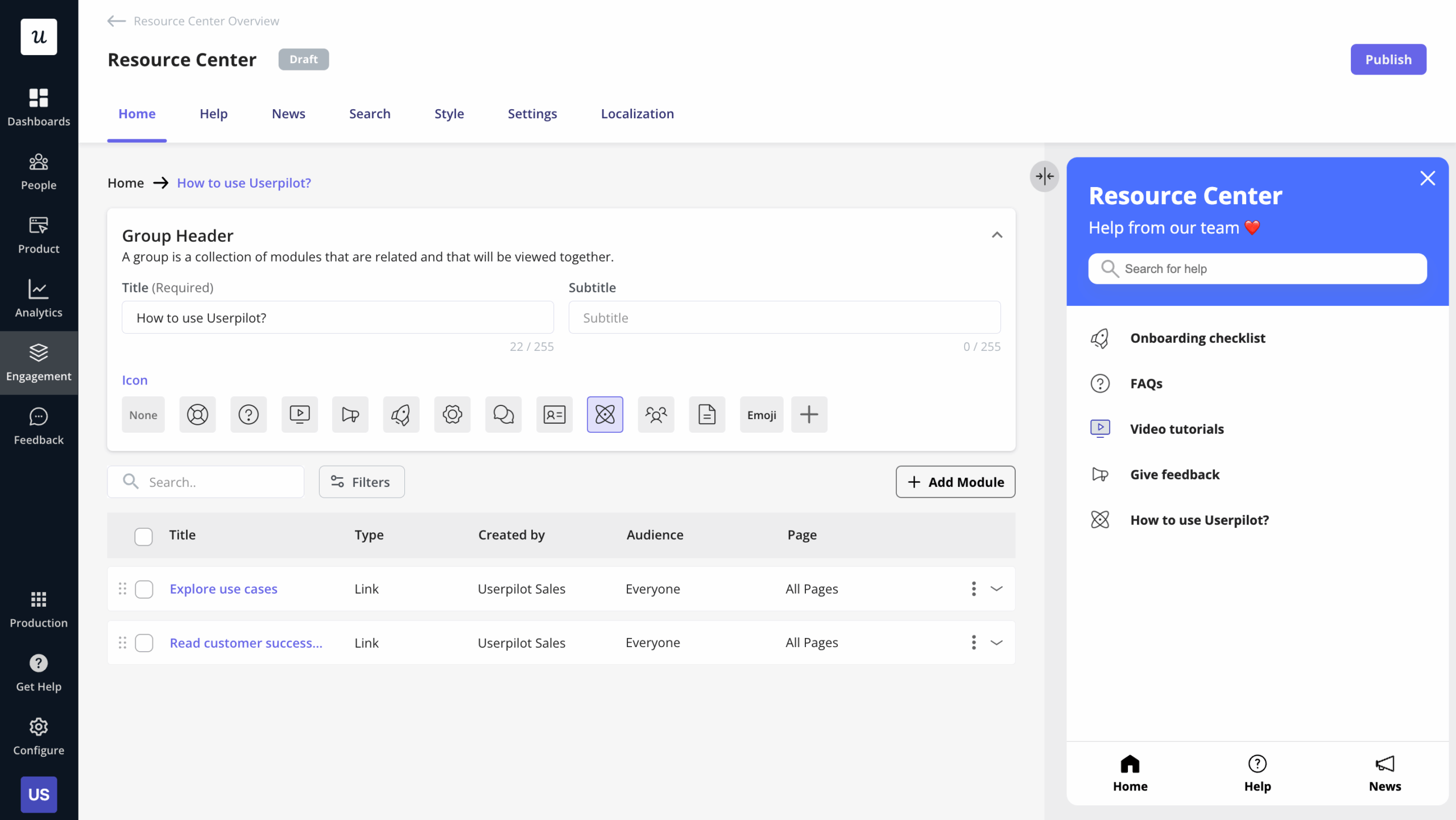 Group different modules for your resource center code-free with Userpilot