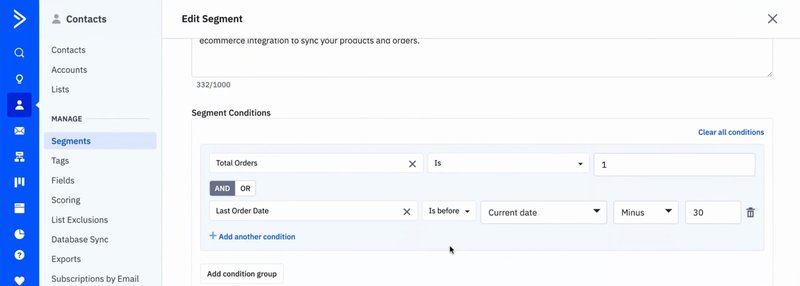 ActiveCampaign segment editor for creating personalized email marketing automation integrated with CRM and sales workflows.