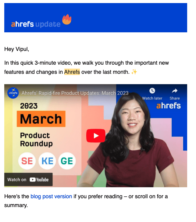 Ahrefs product launch email