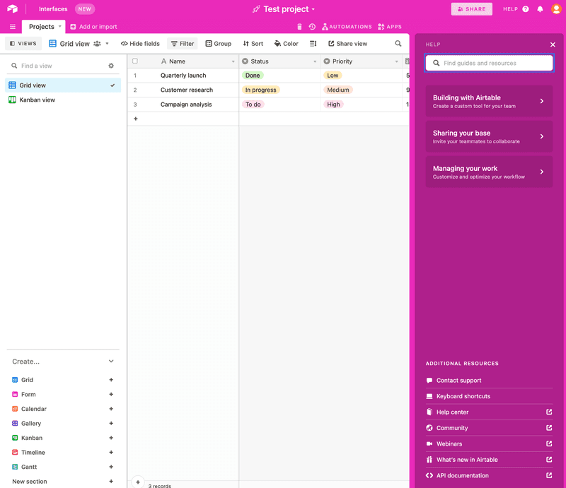 Airtable's in-app resource center
