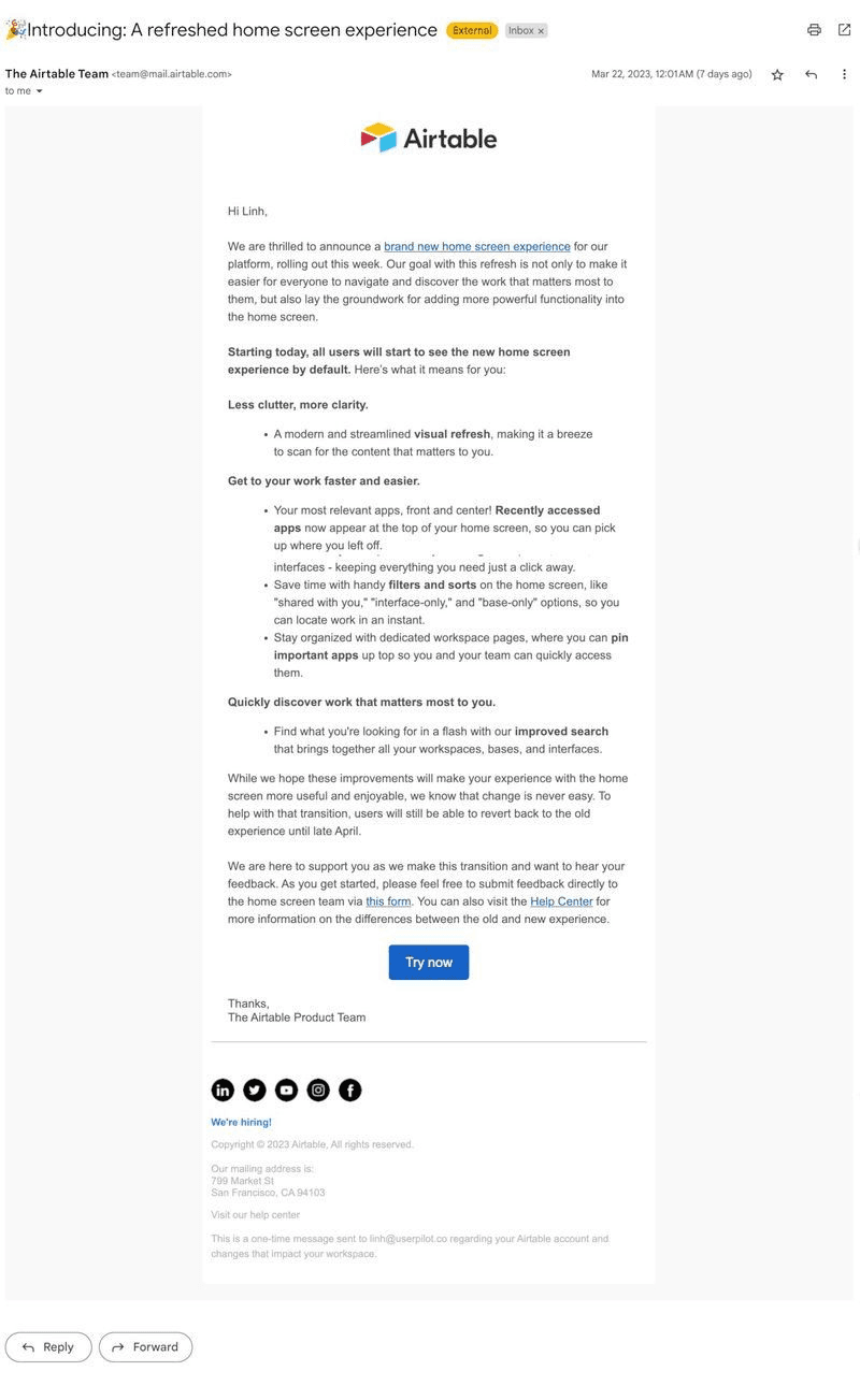 Airtable feature launch email