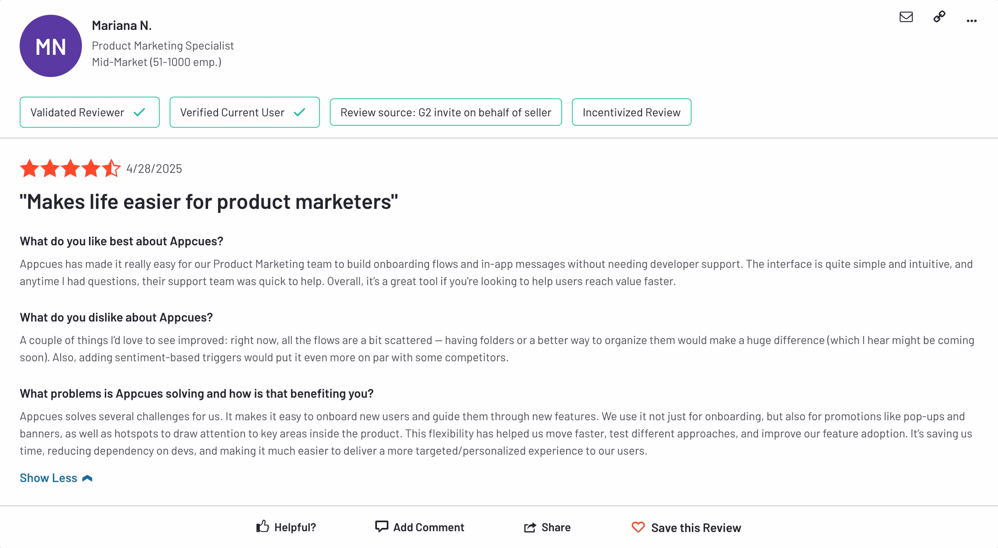 User review for Appcues onboarding automation tools