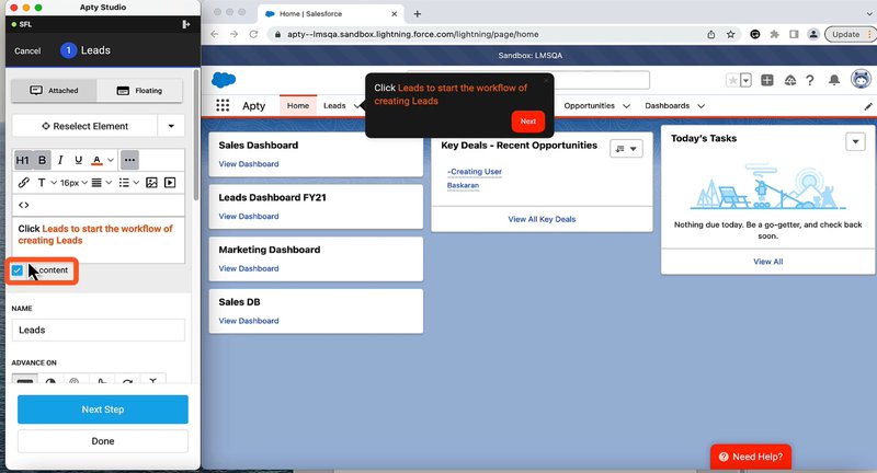 Apty Studio interface showing step editor and contextual guidance preview inside Salesforce.