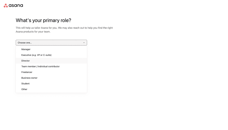 asana welcome survey role