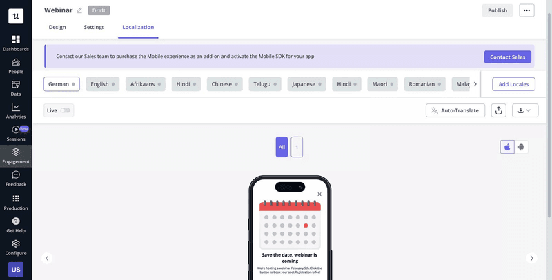Userpilot enables you to auto-translate app content into various languages.