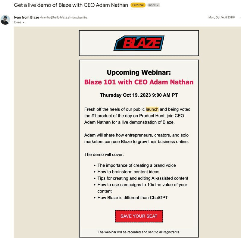 Blaze webinar with CEO launch email 