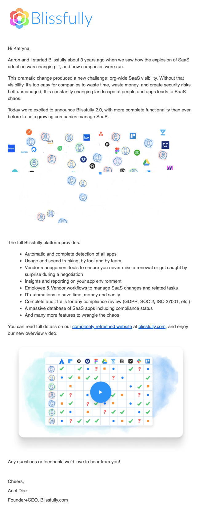 Blissfully website UI redesign launch email