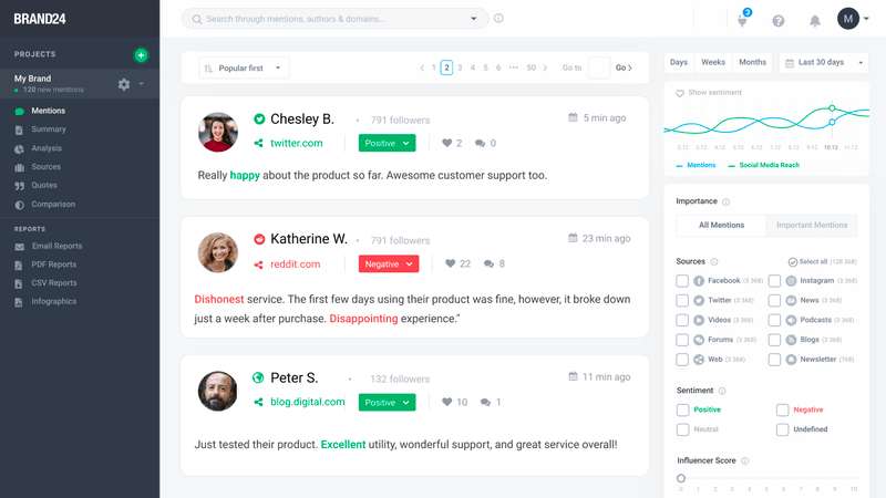 Brand24 voice of customer dashboard interface