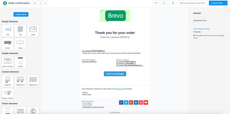 Brevo email editor for creating personalized order confirmation emails