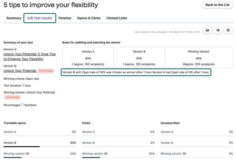 A screenshot of Brevo's A/B Testing report