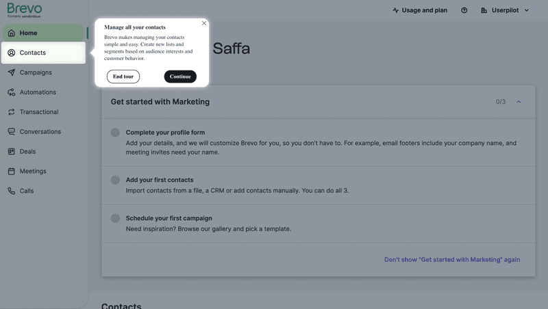 Brevo contact management tooltip