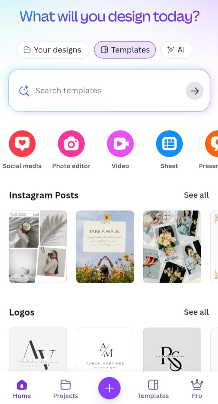 Canva initial screen with templates