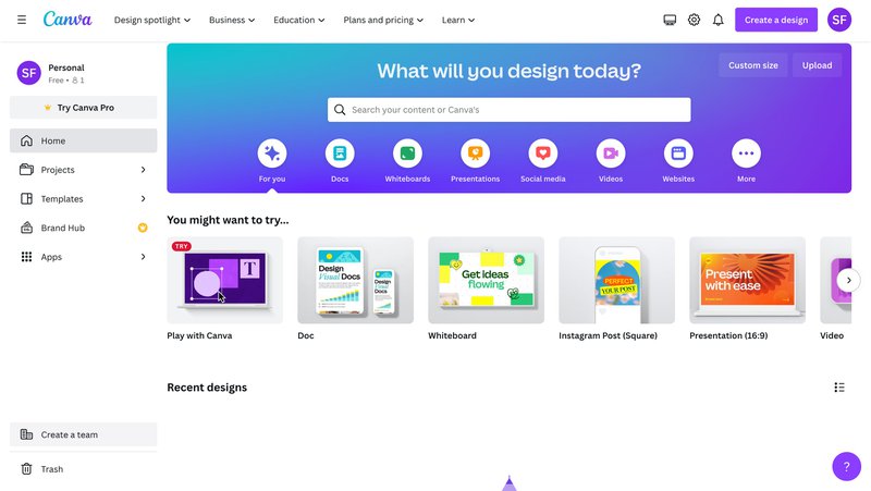 A screenshot of the homepage of Canva