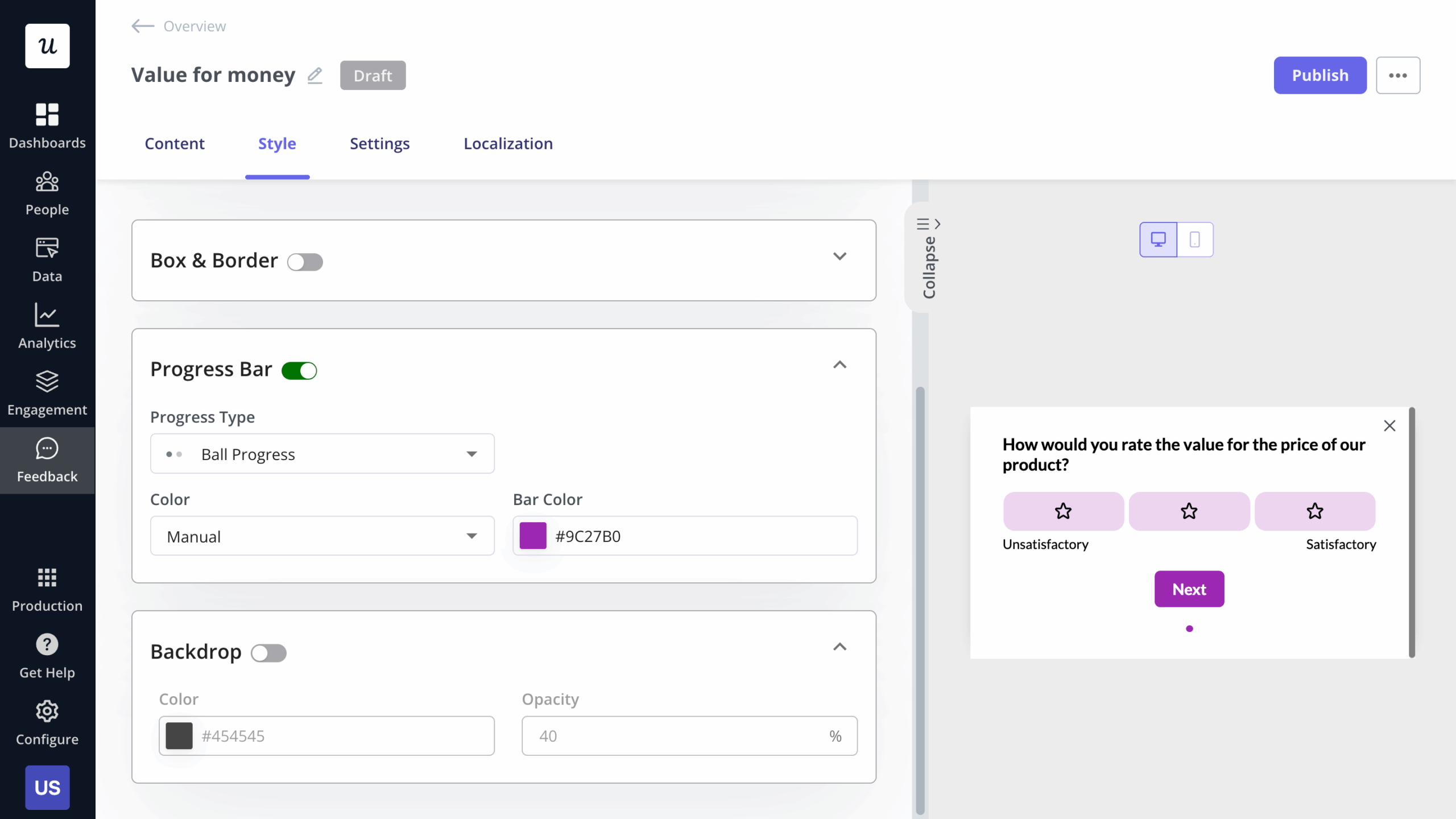 Design in-app surveys like this code-free. 