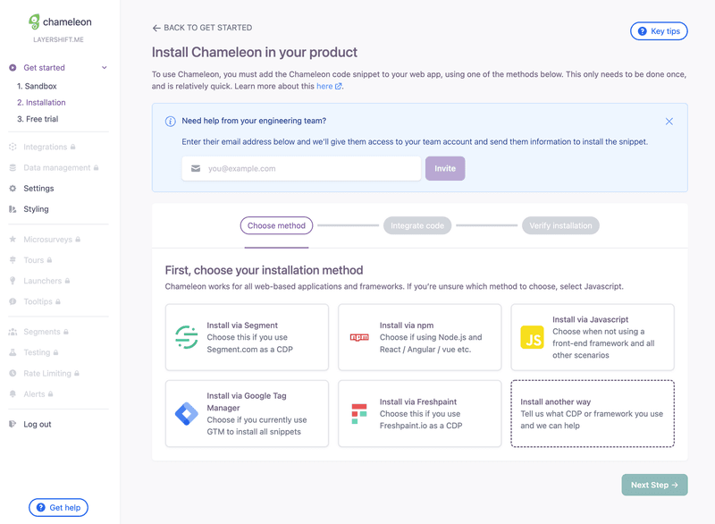 Screenshot of Chameleon dashboard