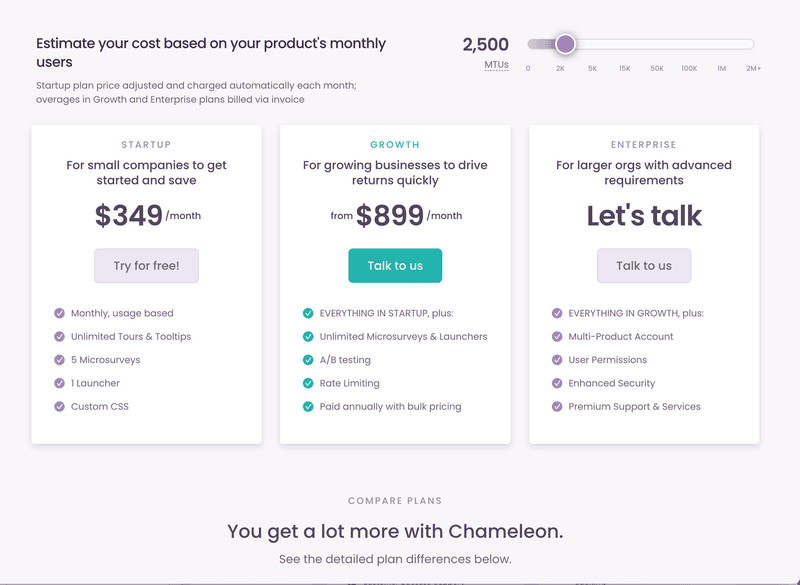 Screenshot of Chameleon pricing options.