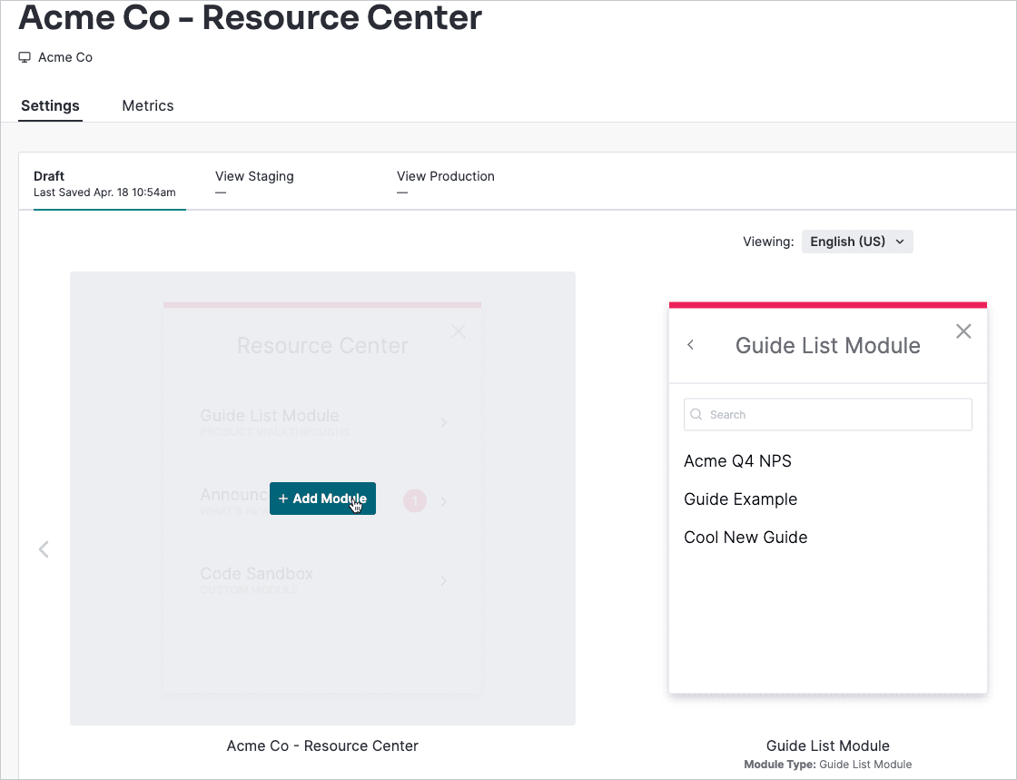  Pendo Resource Center setup screen with module options