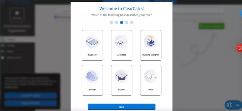A screenshot of ClearCalcs welcome screen
