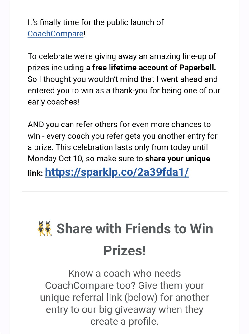CoachCompare product launch email with contest