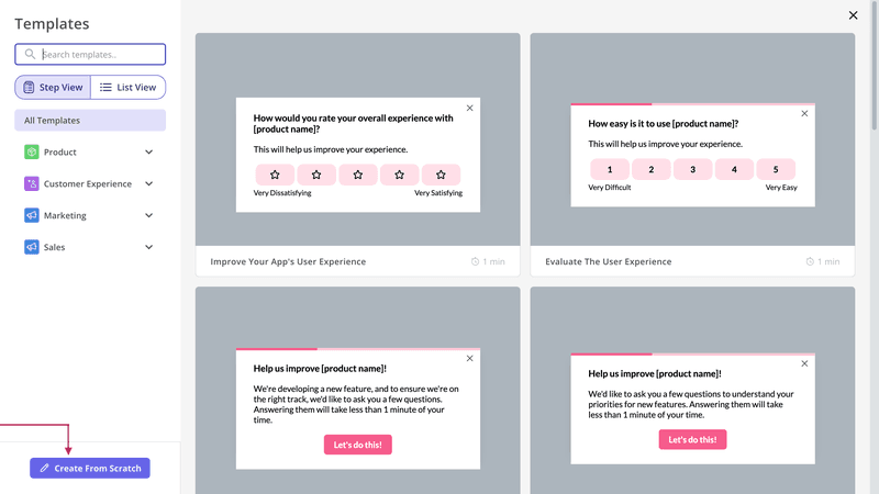 Userpilot’s in-app surveys and templates.