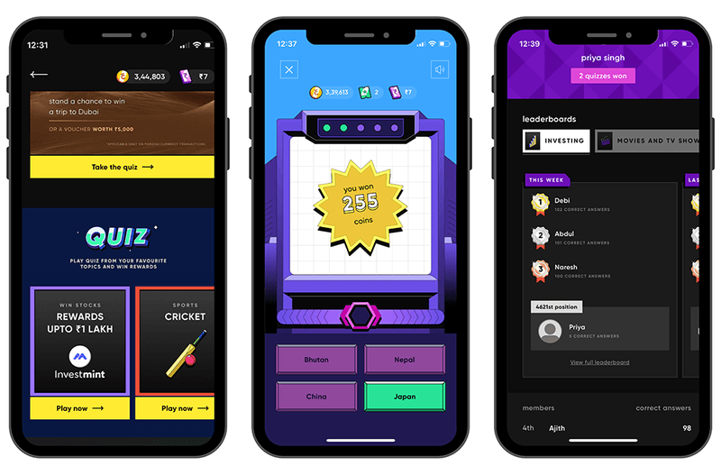 CRED quizzes as an onboarding gamification example