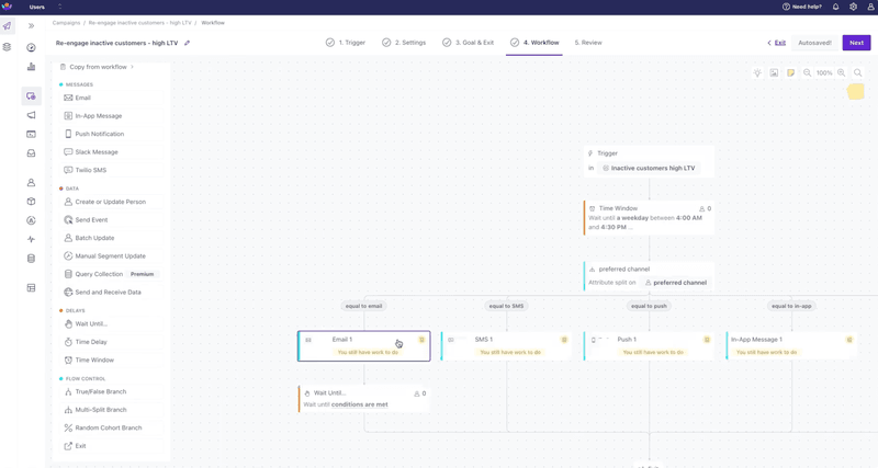 Customer.io workflow builder view