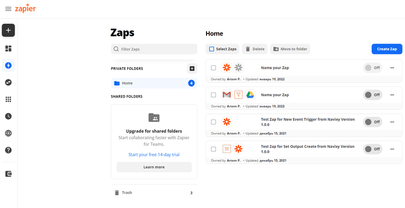 Zapier home screen user view
