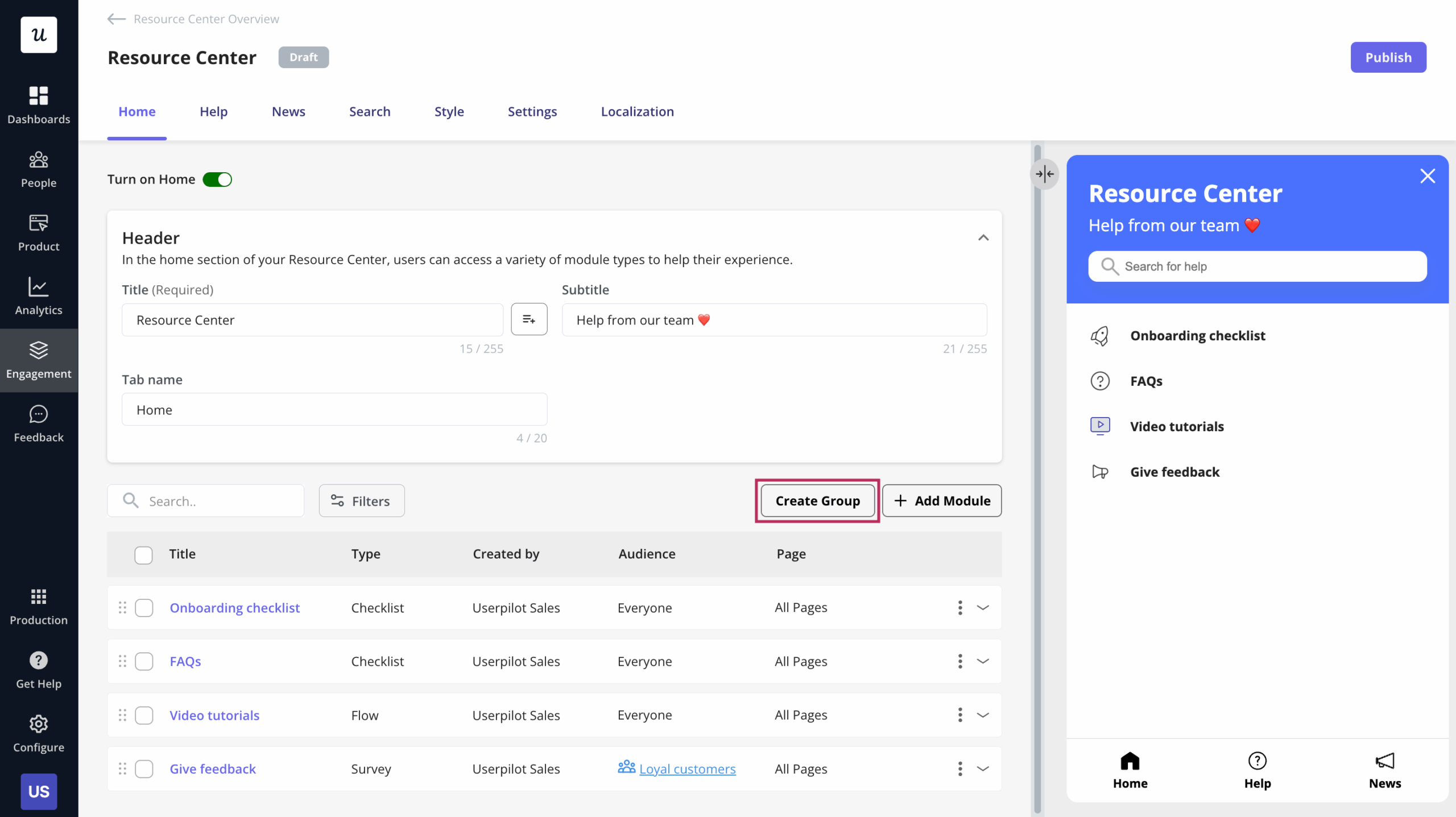 Creating a group of modules in your resource center