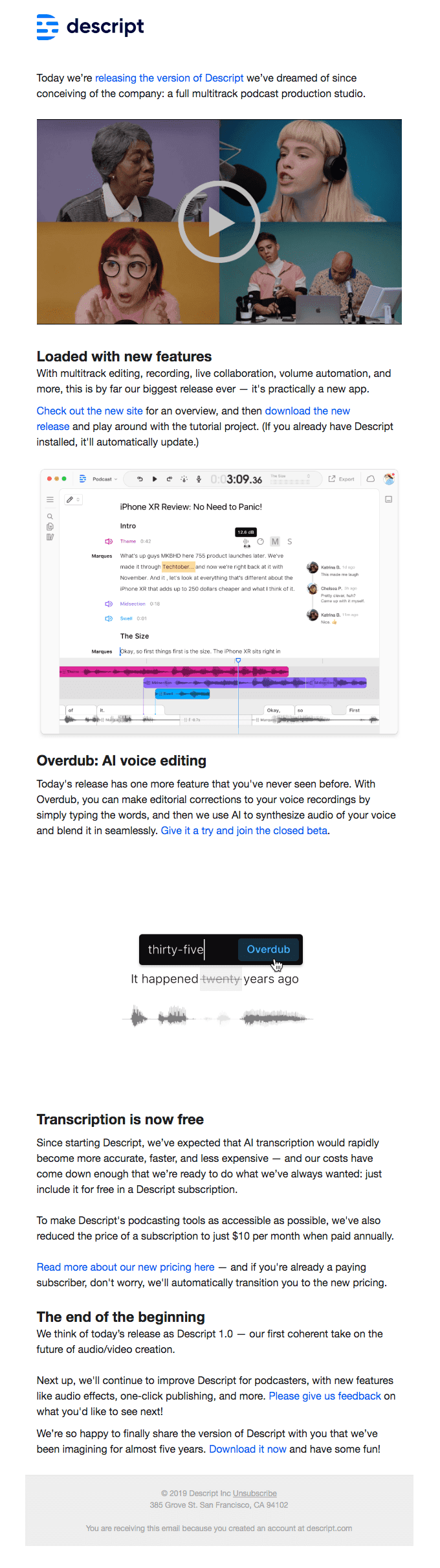 Descript product and feature launch email