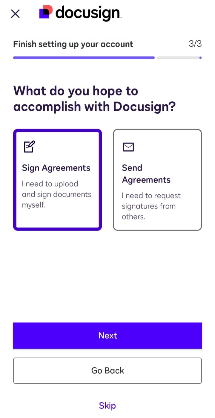 Docusign onboarding process with skip and back buttons