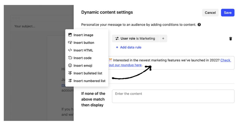 Intercom dynamic content settings for personalized lifecycle email and in-app messaging based on user role.