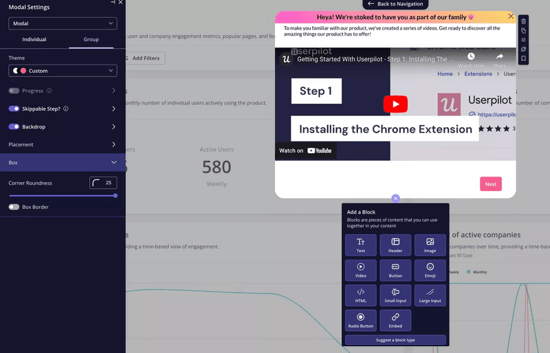 Add onboarding videos in modals with Userpilot.