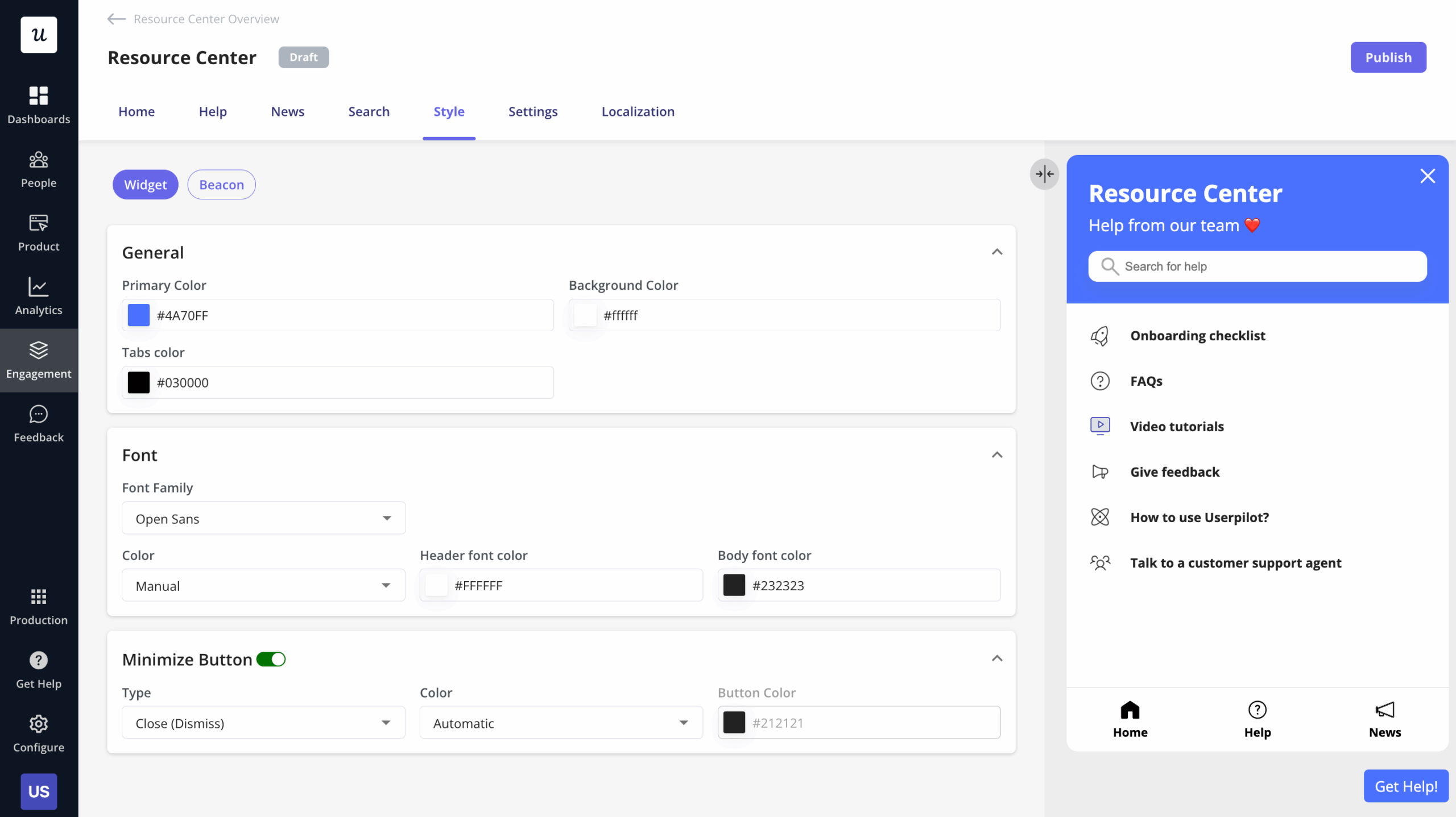 Customizing resource center's appearance