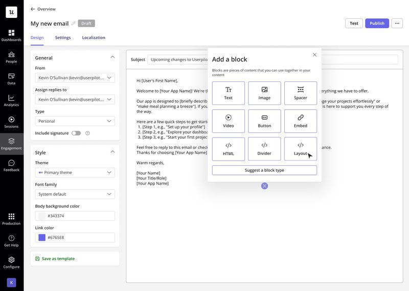 Userpilot email editor showing AI-assisted personalization