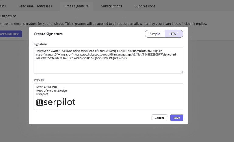 Create and embed a personalized signature with Userpilot.