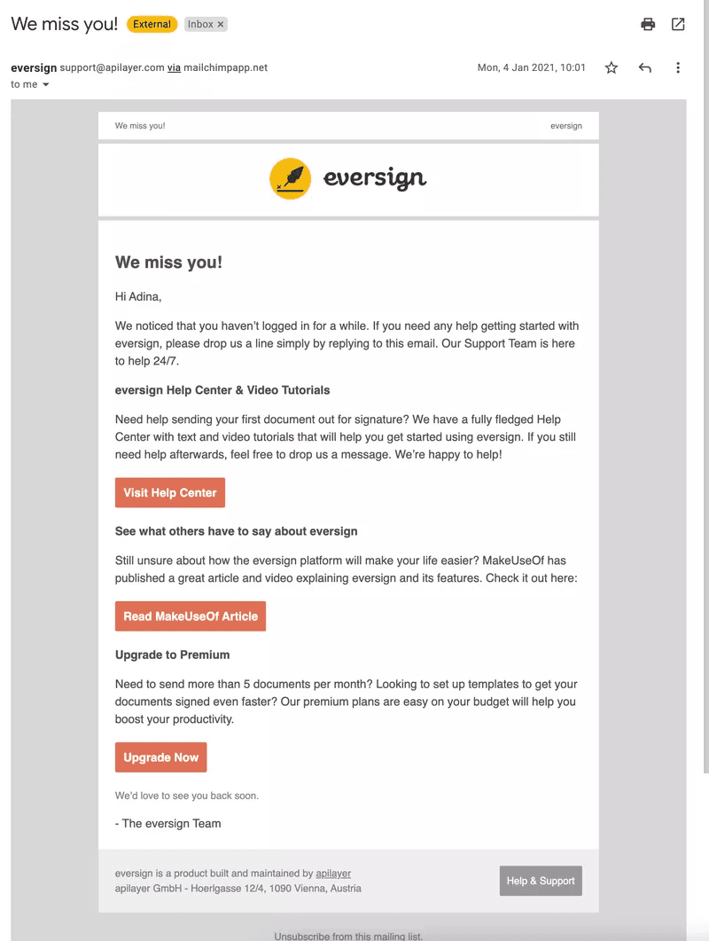 eversign inactivity email