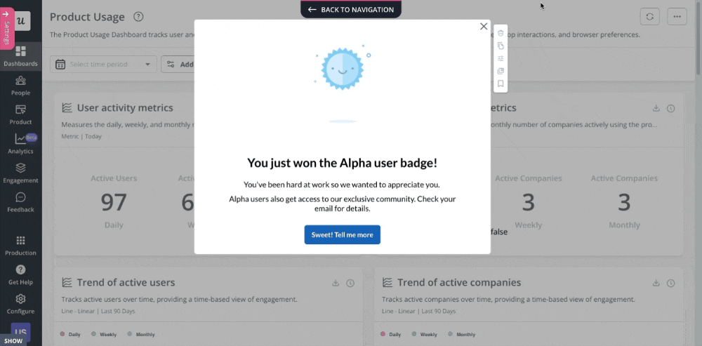 An animation showing an example of gamification you can produce with Userpilot