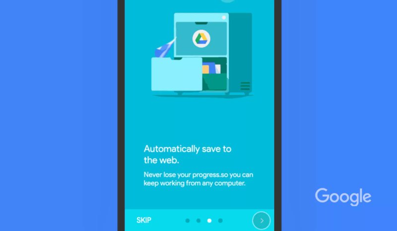Google Docs onboarding screen with benefits