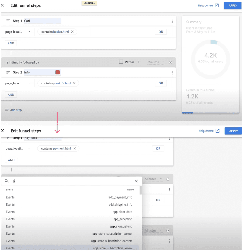 Defining funnel steps in Google Analytics 4