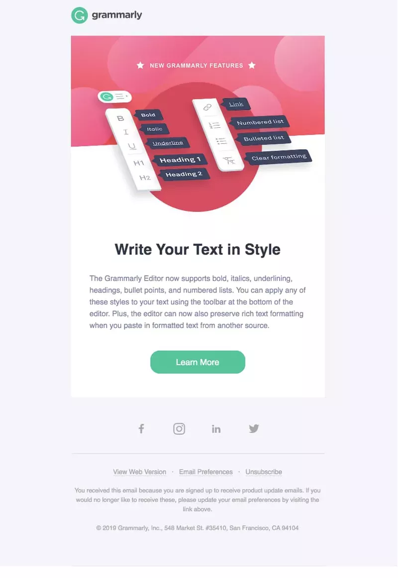 New product release emails: Grammarly