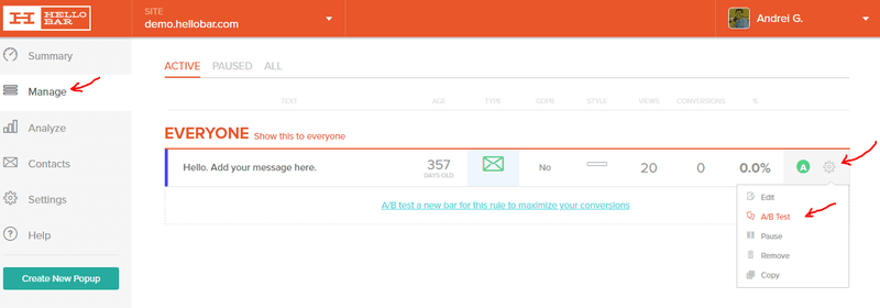 Hello Bar A/B testing dashboard