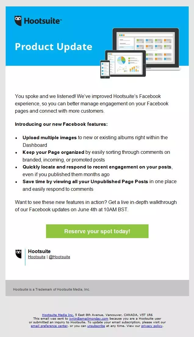 New product release emails: Hootsuite