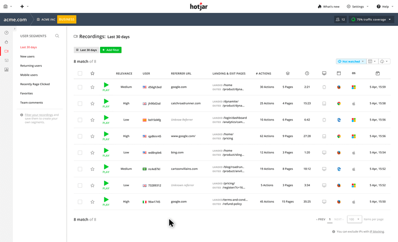Hotjar dashboard interface